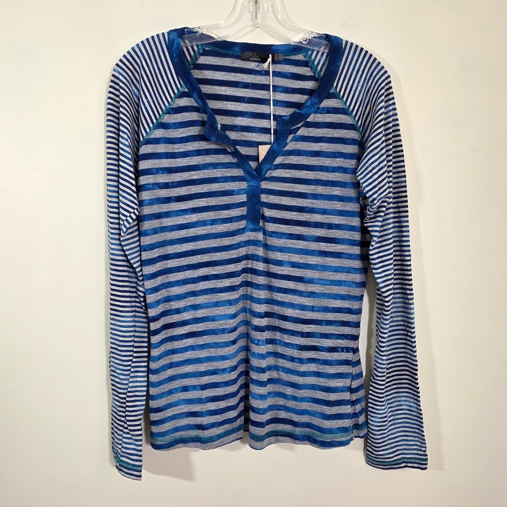 prAna Womens Zoe Henley Top Striped Raglan Long Sleeve Pure Blue Grey Large NWT